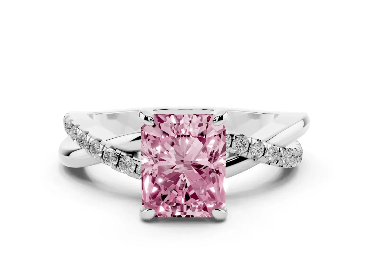 Fancy Pink Radiant Cut Cut Diamond Twist Band Solitaire with Prong Setting Silver