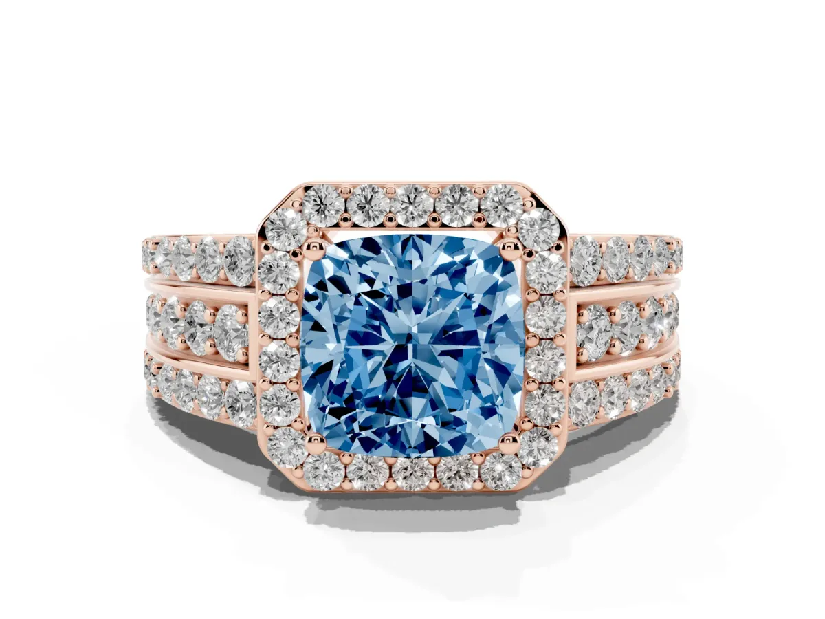 Fancy Blue Cushion Cut Halo Diamond Ring with Round Split Shank and Prong Setting Rose gold
