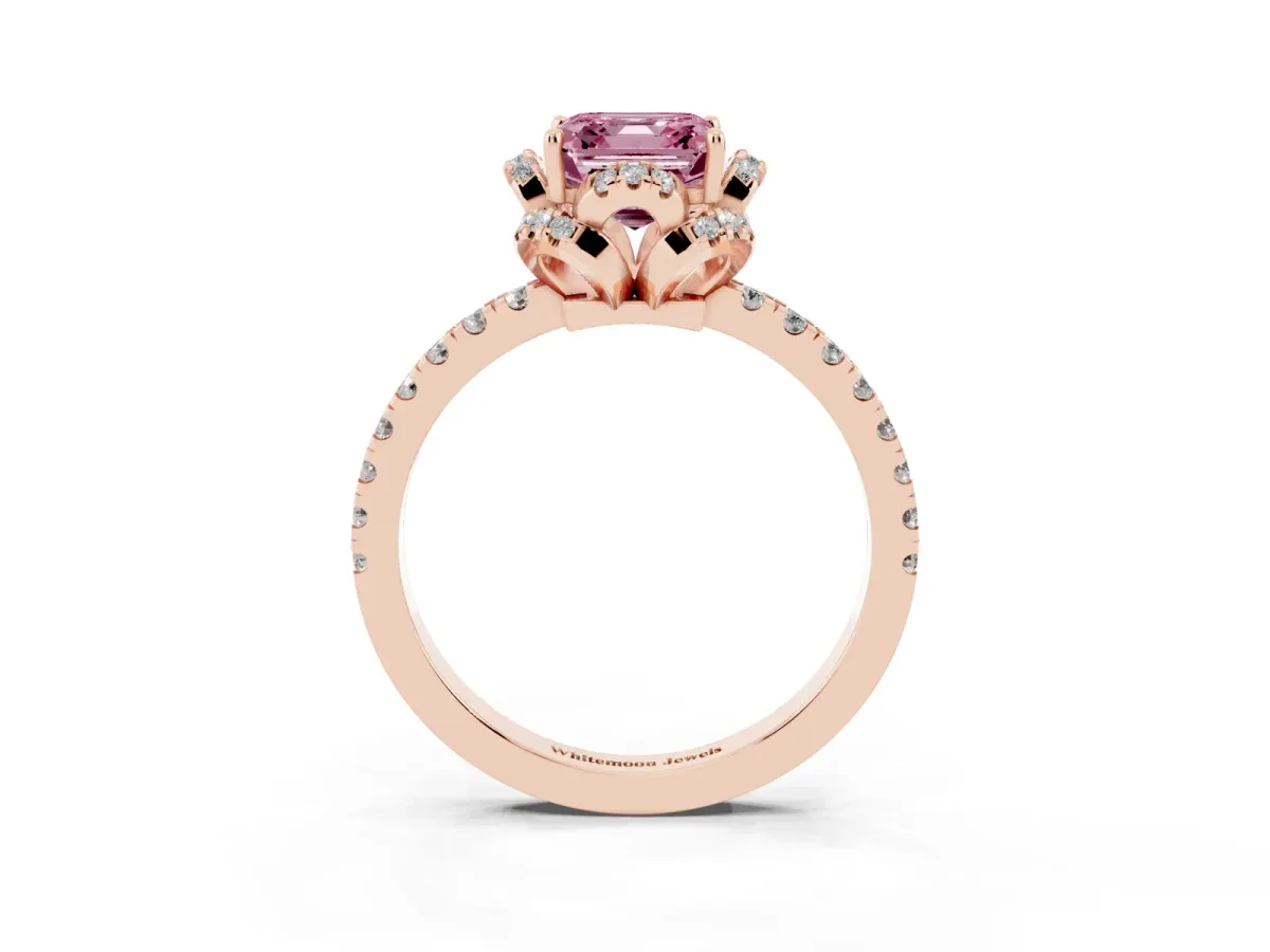 Fancy Pink Asscher Cut Halo Diamond Pave Band Ring with Four-Prong Setting Rose gold