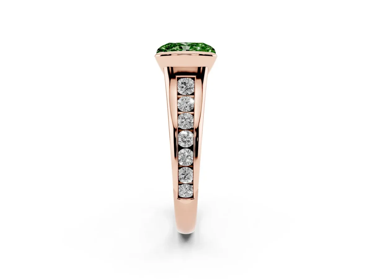 Fancy Green Radiant Cut Solitaire Bezel-Set Diamond Ring with Channel-Set Band Rose gold
