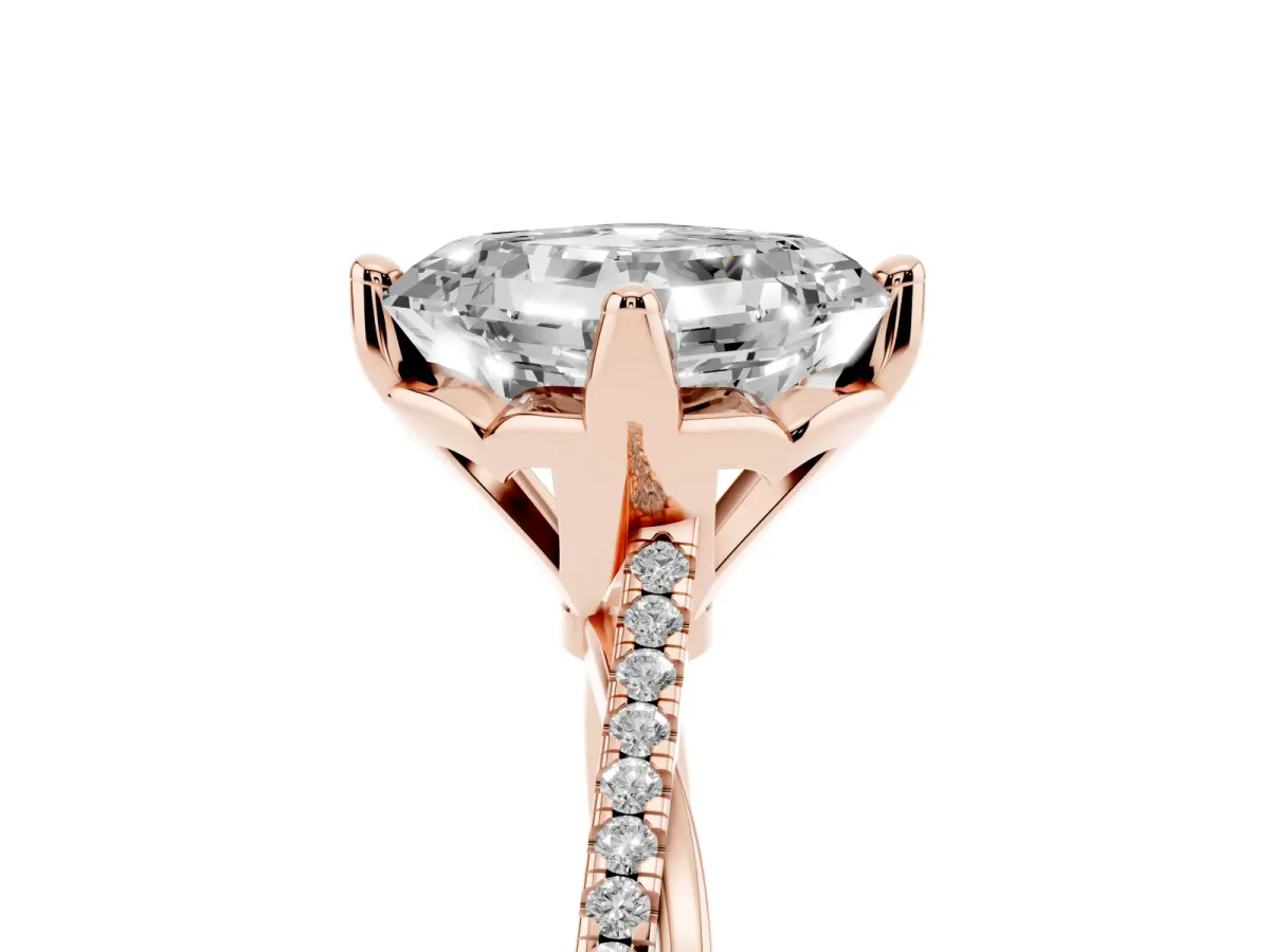 Asscher Cut Solitaire Twist Band with Pavé Diamonds and Four-Prong Setting Rose gold