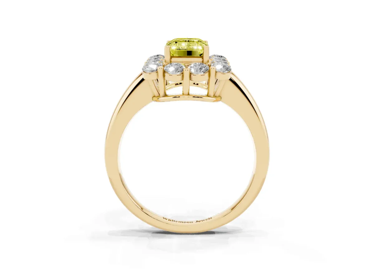Fancy Yellow Emerald Cut Halo Cluster Diamond Engagement Ring with Prong Setting and Polished Band Yellow gold