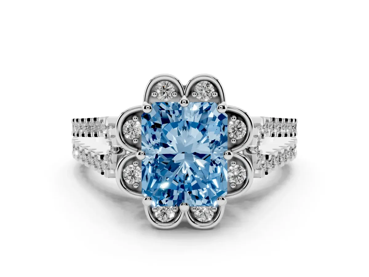 Fancy Blue Radiant Cut Halo Diamond Floral Split Shank Engagement Ring Silver