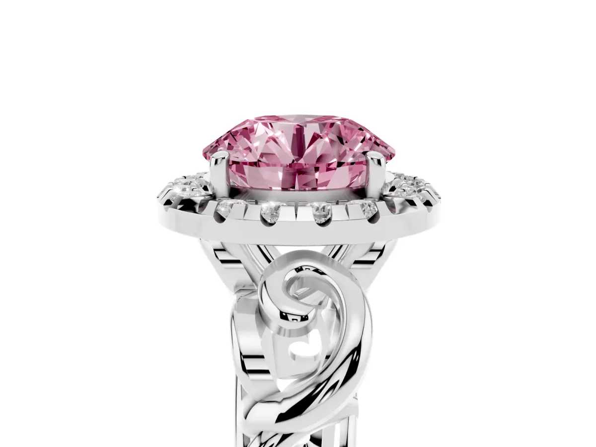 Fancy Pink Round Cut Cut Halo Diamond Ring with Scrollwork Band and Four-Prong Setting Silver
