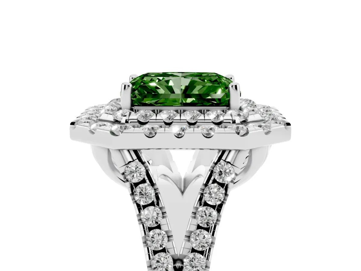 Fancy Green Double Halo Radiant Cut Diamond Pavé Split Shank Ring with Prong Setting Silver