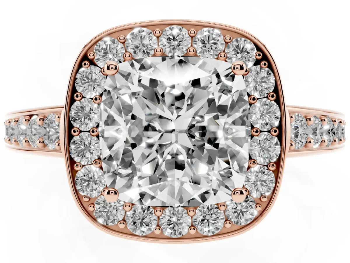Cushion Cut Halo Pavé Diamond Engagement Ring with Bezel Setting Rose gold