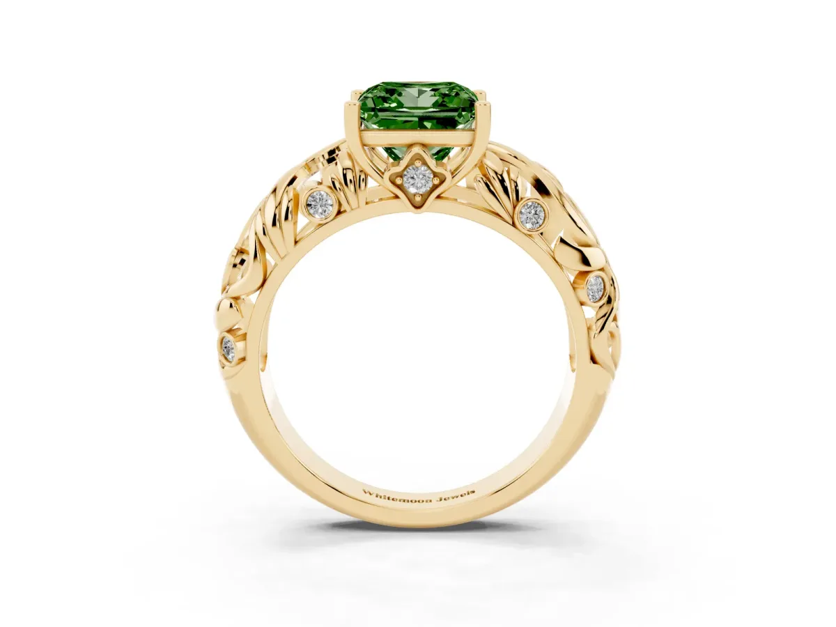 Fancy Green Princess Cut Solitaire Diamond Leaf-Inspired Vine Band Ring with Prong Setting Yellow gold