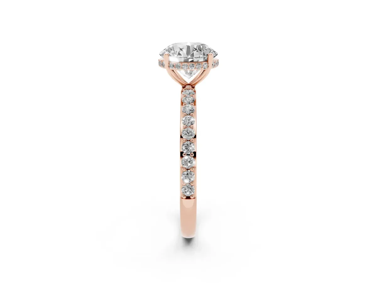 Round Cut Diamond Solitaire Ring with Pavé Band and Hidden Halo Rose gold