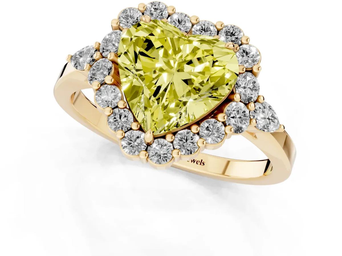 Fancy Yellow Heart Cut Diamond Halo Ring with Pear Side Stones and Prong Setting Yellow gold
