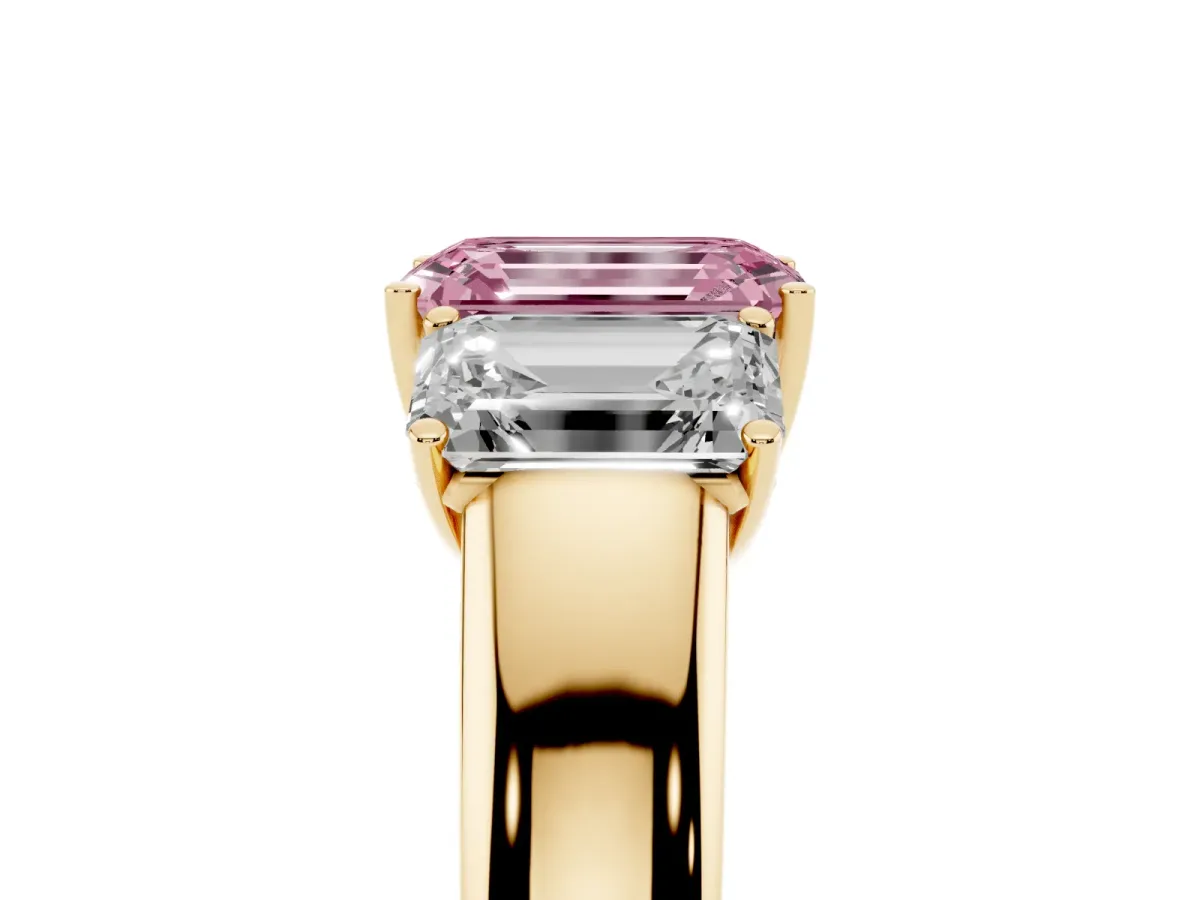 Fancy Pink Three-Stone Emerald Cut Cut Diamond Ring with Prong Setting and Classic Band Yellow gold