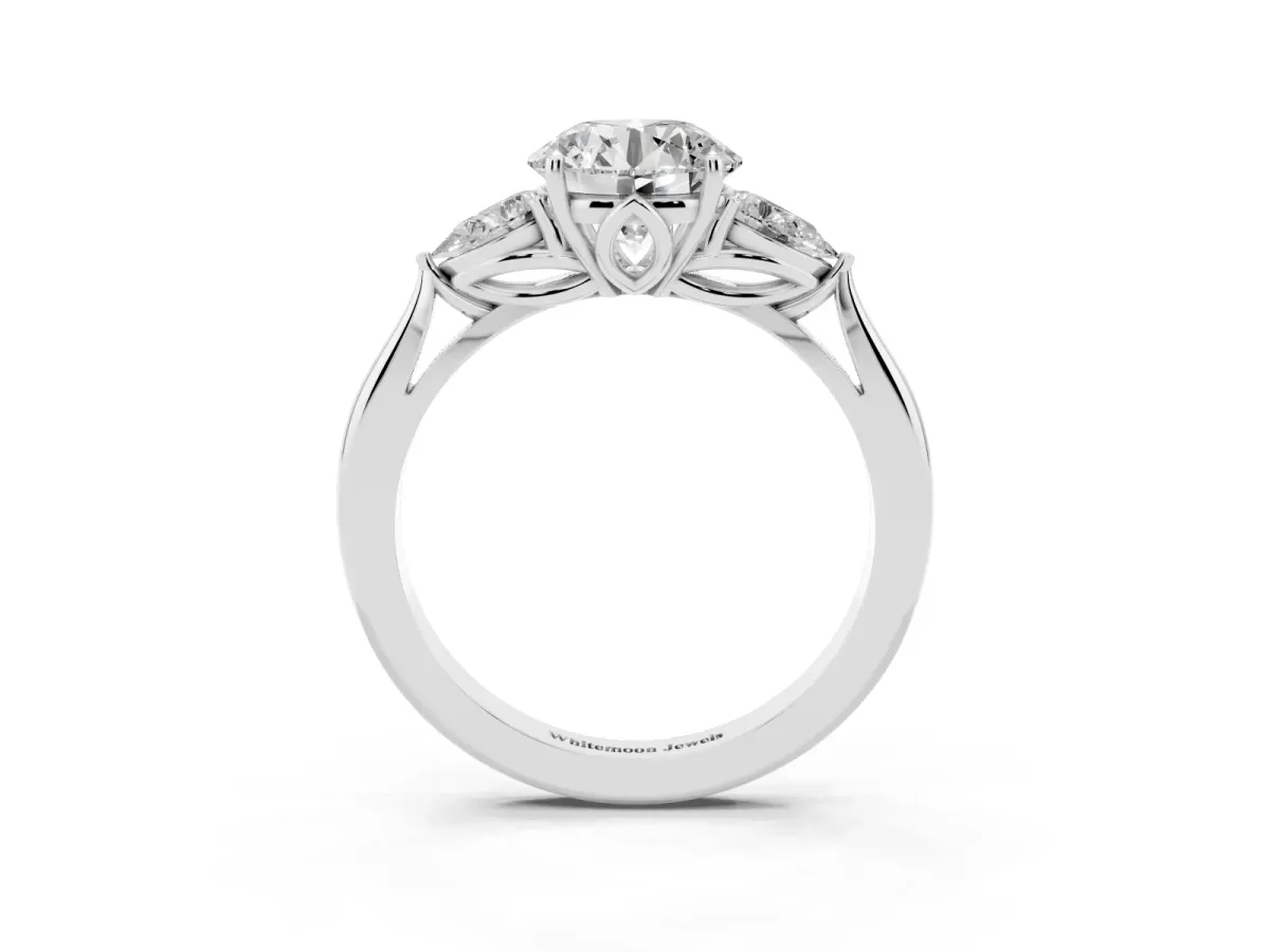 Three-Stone Round Cut Brilliant Diamond Solitaire Ring with Tapered Band and Four-Prong Setting Silver