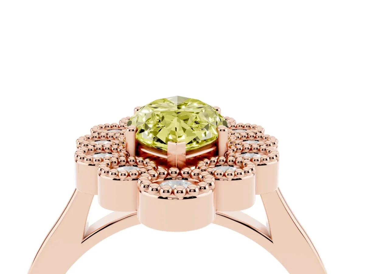 Fancy Yellow Marquise Cut Halo Diamond Cluster Engagement Ring with Milgrain Bezel Setting and Solitaire Band Rose gold