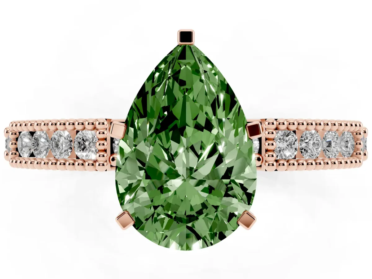 Fancy Green Pear Cut Solitaire with Pavé Band and Four-Prong Setting Rose gold