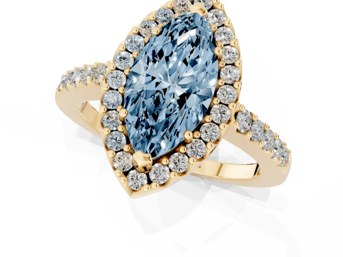 Fancy Blue Marquise Cut Halo Diamond Pavé Solitaire Ring Yellow gold