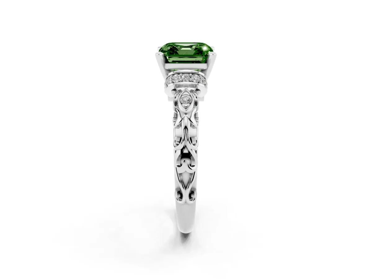 Fancy Green Asscher Cut Diamond Solitaire Ring with Filigree Band and Four-Prong Setting Platinum