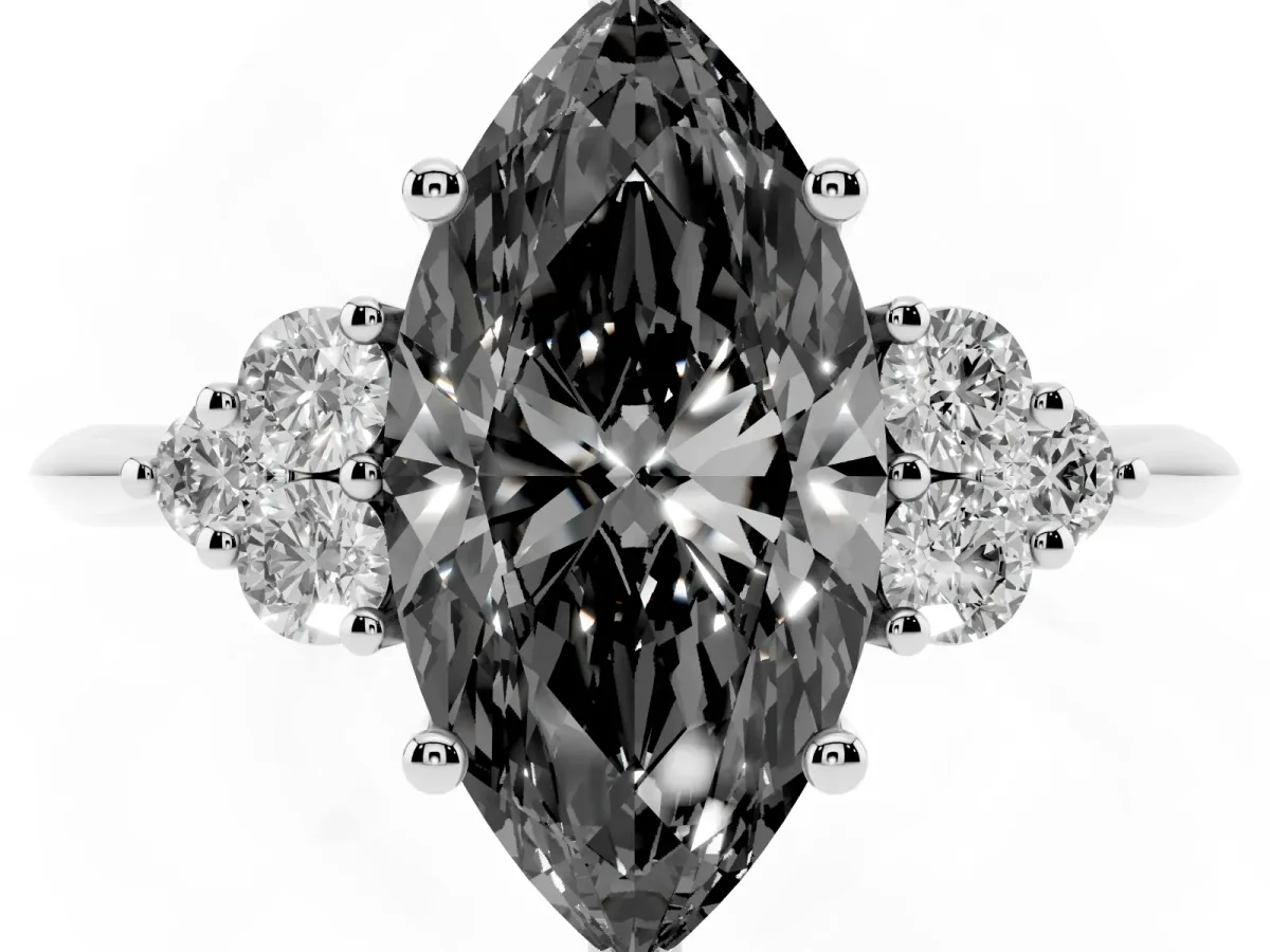 Fancy Black Marquise Cut Cut Diamond Cluster Ring with Solitaire Band and Four-Prong Setting Silver