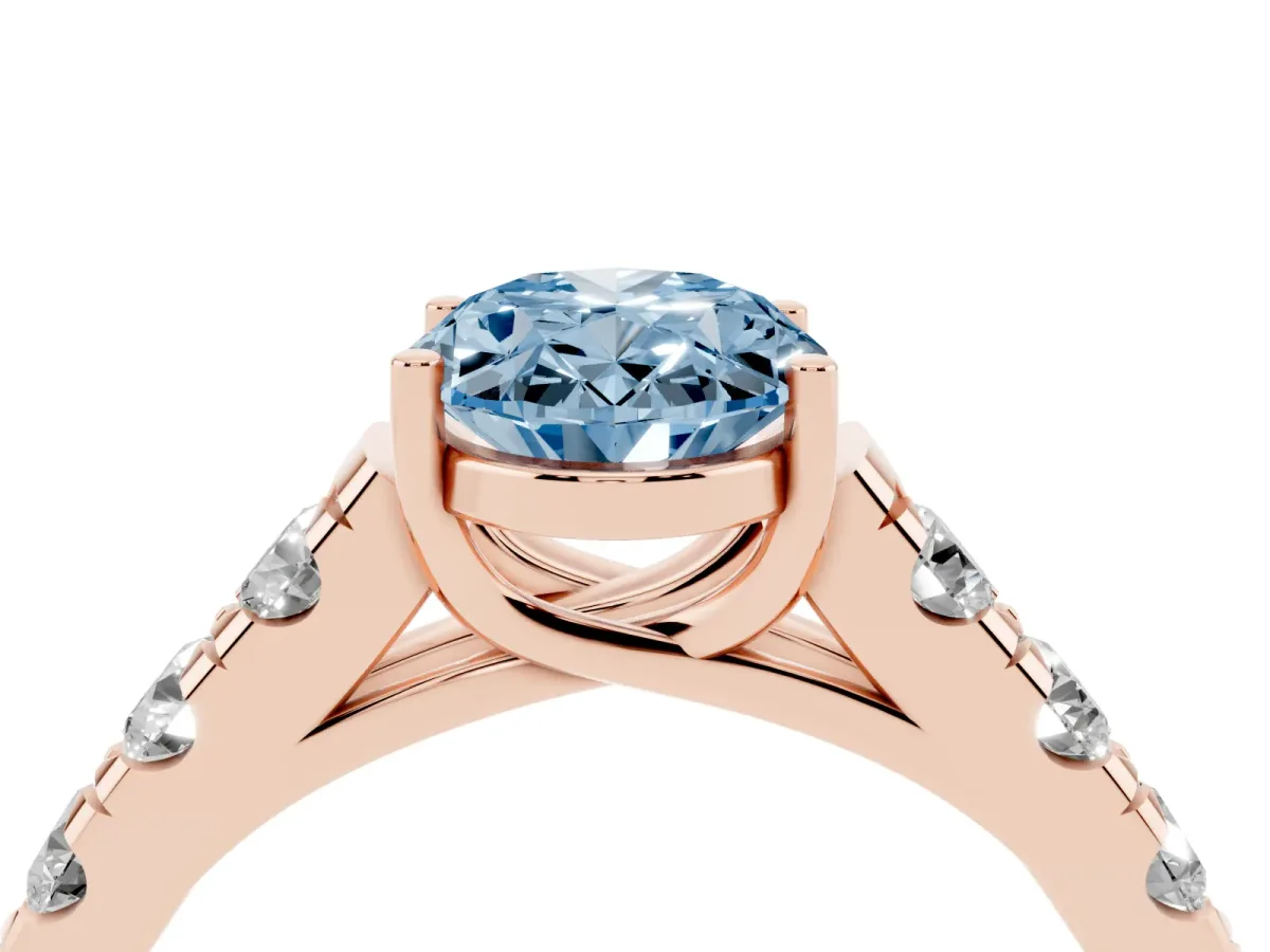 Fancy Blue Oval Cut Cut Diamond Solitaire Ring with Micro Pave Band and Prong Setting Rose gold