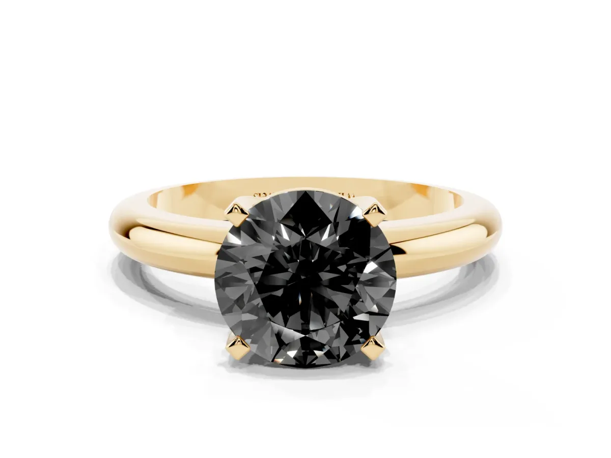 Fancy Black Round Cut Diamond Solitaire Engagement Ring with Round Band and Four-Prong Setting Yellow gold