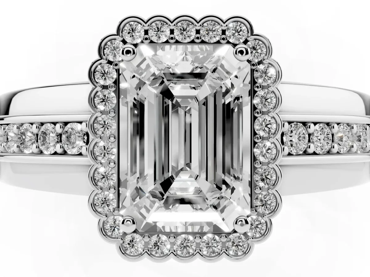 Emerald Cut Cut Halo Pave Band Four-Prong Ring Silver