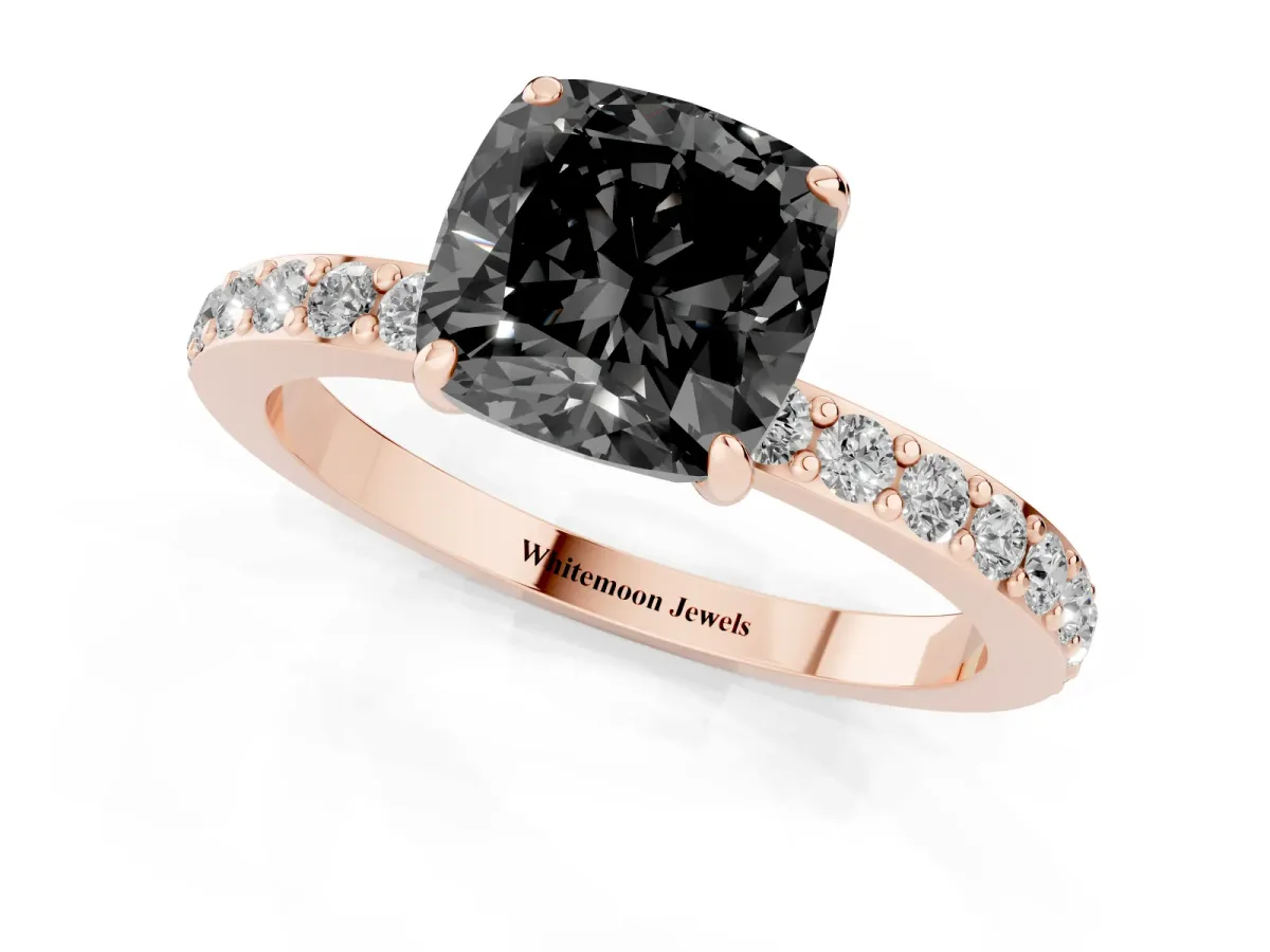 Fancy Black Cushion Cut Diamond Pavé Engagement Ring with Round Accents and Prong Setting Rose gold