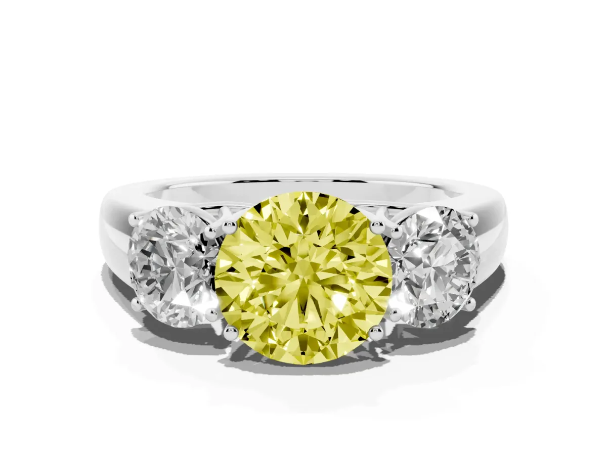 Fancy Yellow Three-Stone Round Cut Cut Diamond Ring with Prong Setting and Classic Band Silver