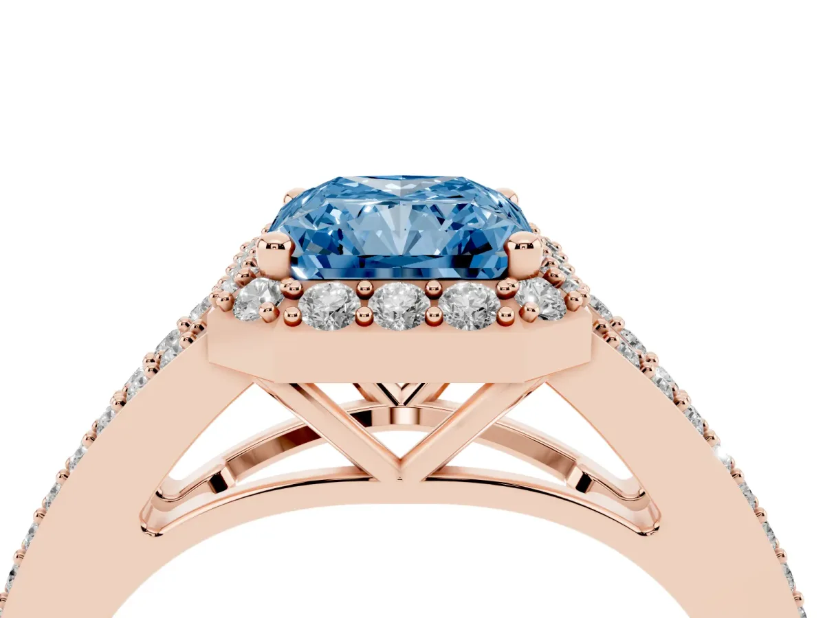 Fancy Blue Radiant Cut Halo Split Shank Diamond Ring with Prong Setting Rose gold
