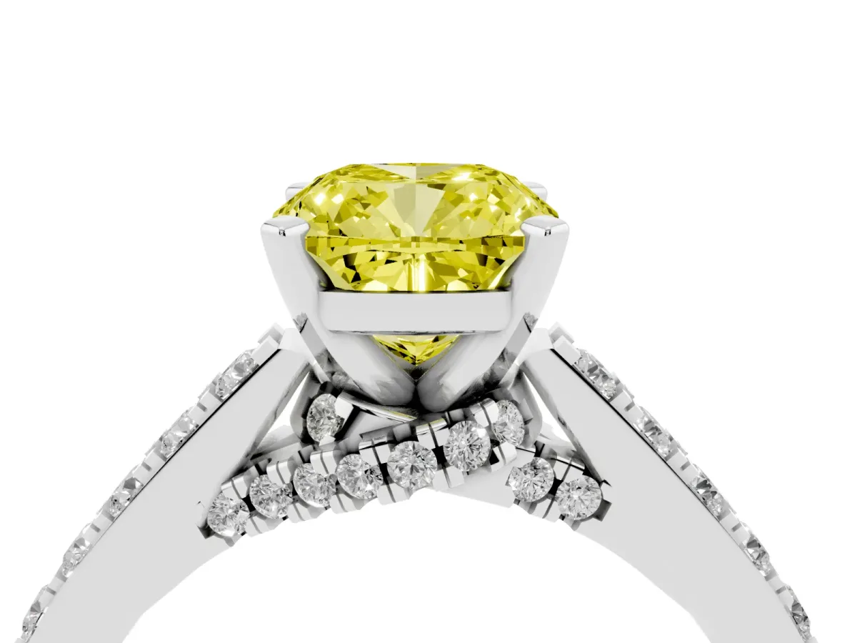 Fancy Yellow Cushion Cut Diamond Solitaire Ring with Crossover Gallery and Round Pavé Band Silver