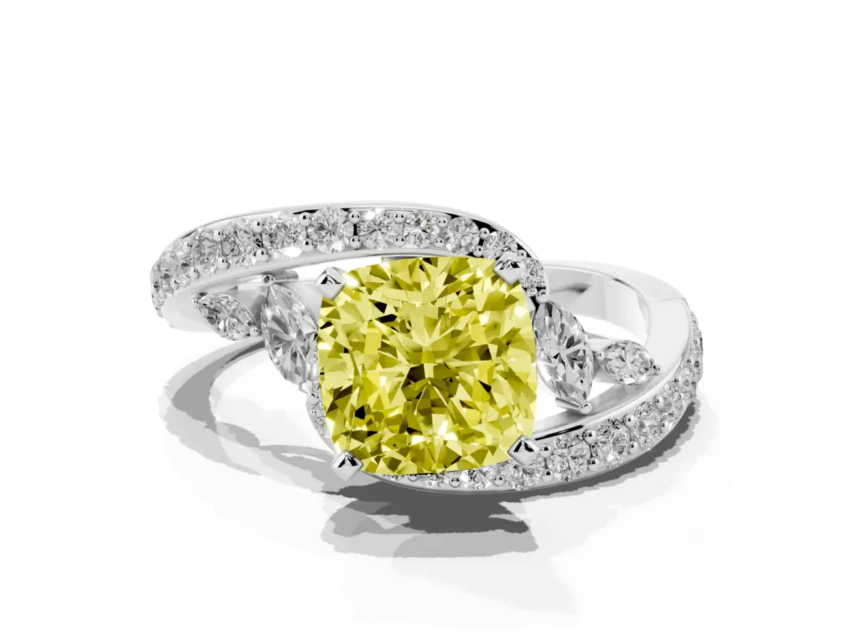 Fancy Yellow Cushion Cut Solitaire with Pavé Twist Band and Four-Prong Setting Platinum