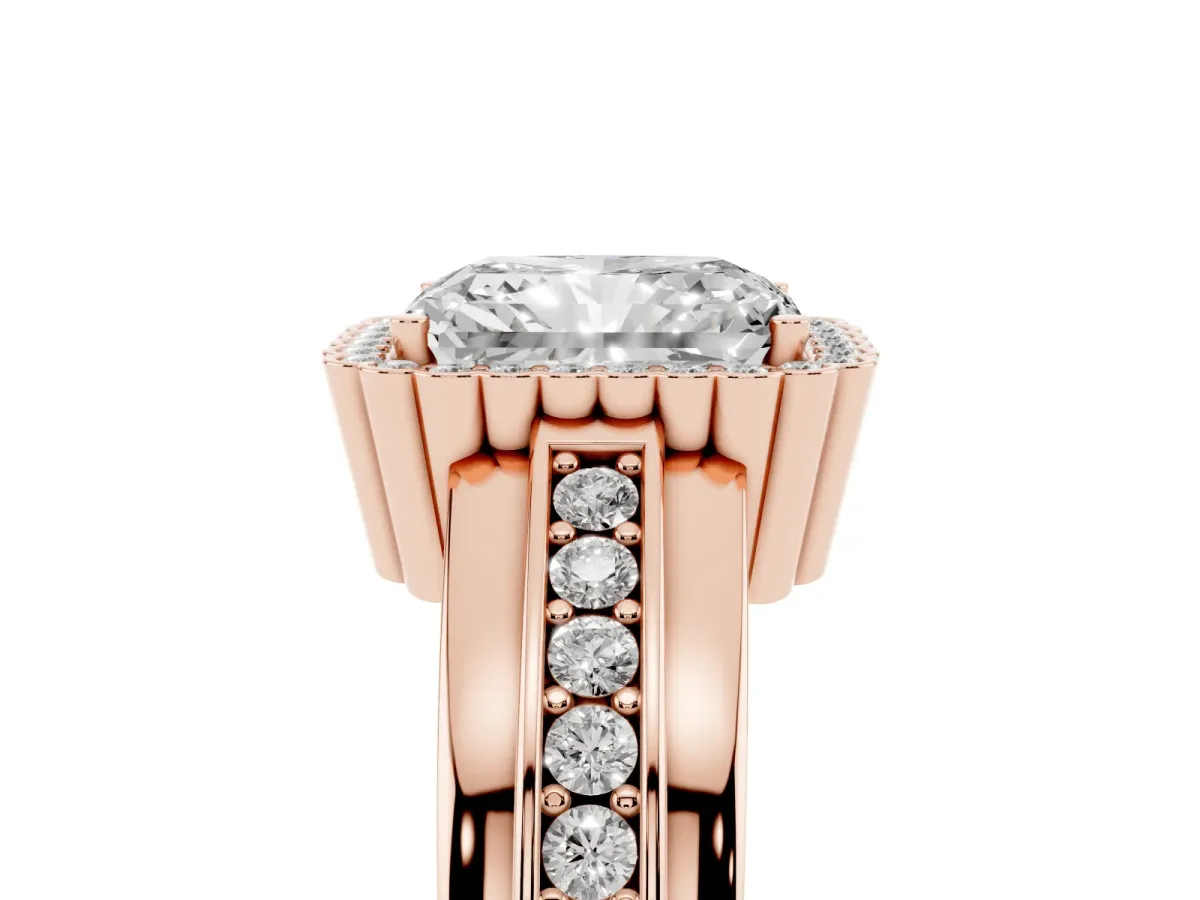 Radiant Cut Cut Halo Pave Band Four-Prong Ring Rose gold