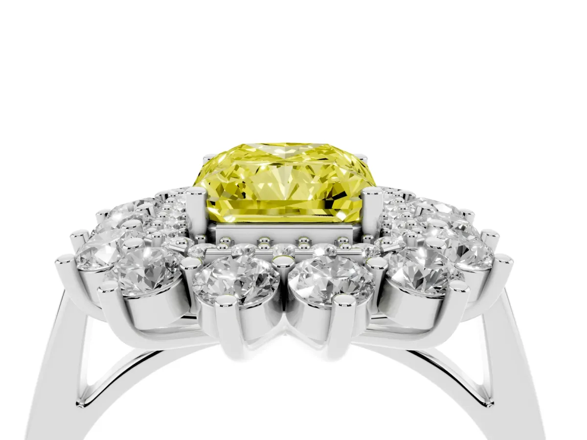 Fancy Yellow Radiant Cut Diamond Floral Double Halo Engagement Ring with Prong Setting Platinum