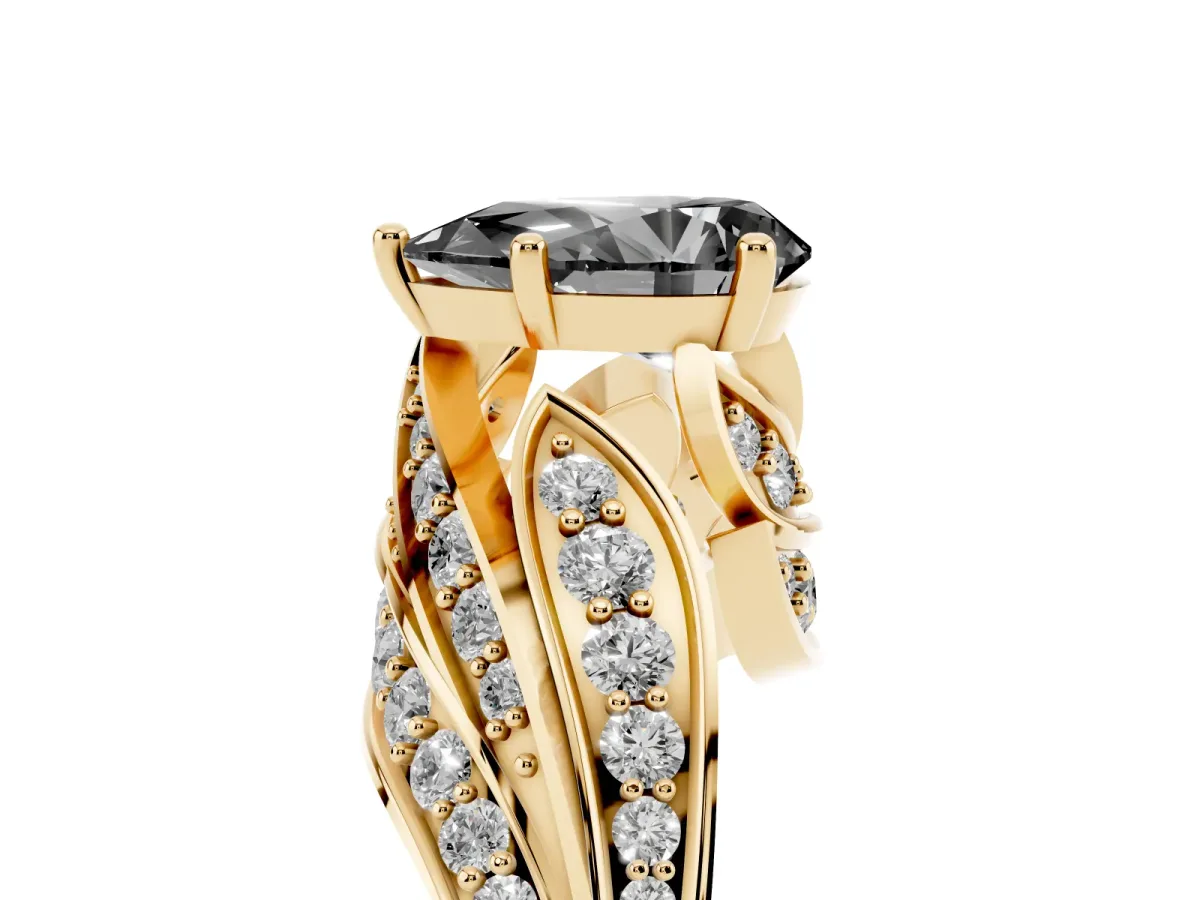 Fancy Black Pear Cut Diamond Solitaire Ring with Prong Setting and Twisted Pavé Band Yellow gold