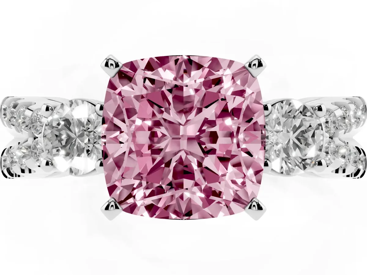 Fancy Pink Cushion Cut Diamond Three-Stone Ring with Pavé Split Shank and Four-Prong Setting Silver