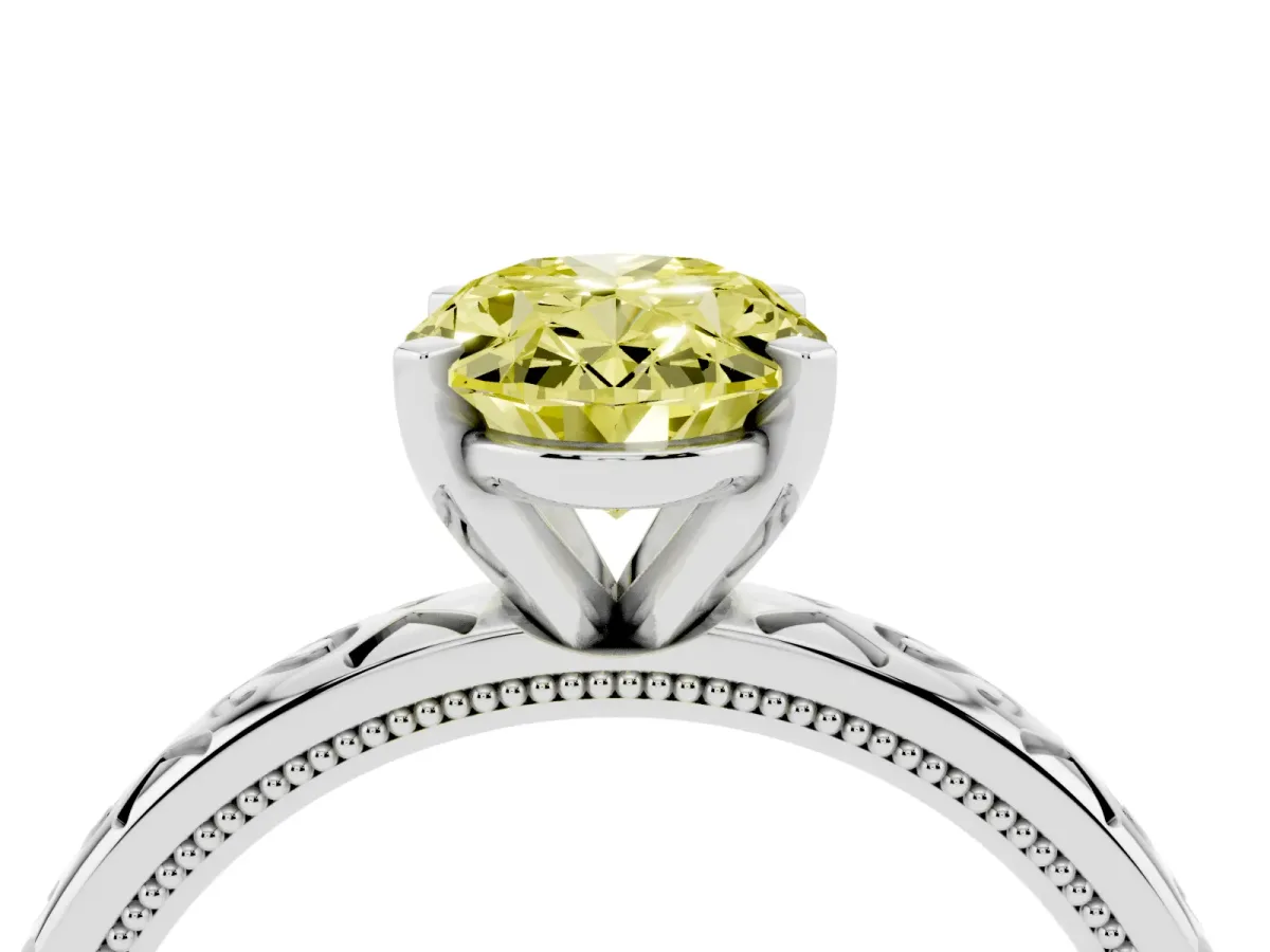 Fancy Yellow Oval Cut Solitaire Engagement Ring with Scrollwork Band and Four-Prong Setting Silver