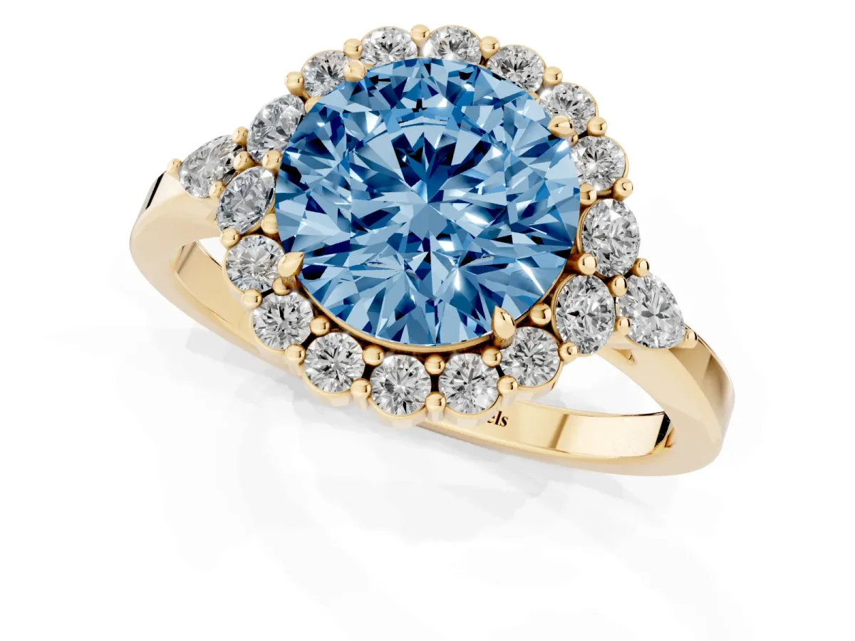Fancy Blue Round Cut Diamond Halo Ring with Pear Side Stones and Prong Setting Yellow gold