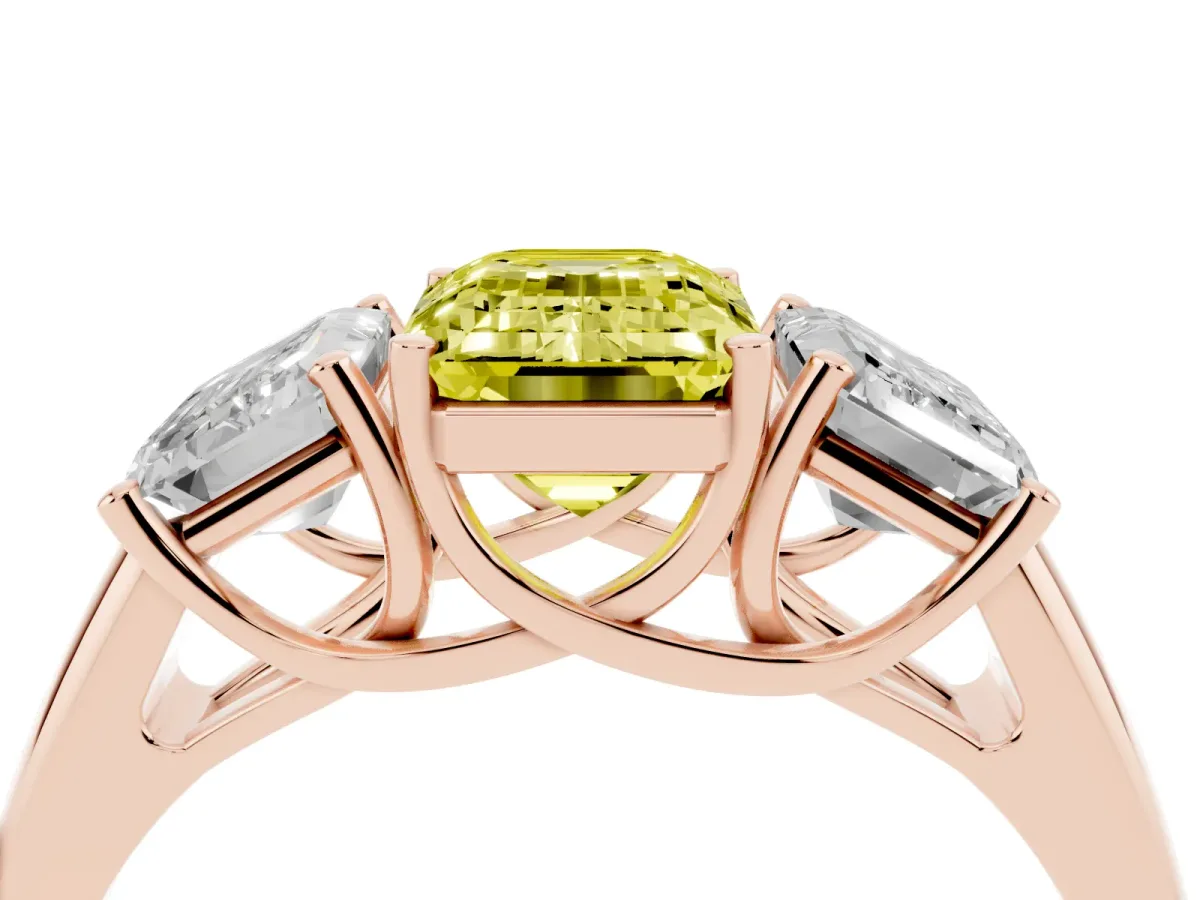 Fancy Yellow Three-Stone Emerald Cut Diamond Engagement Ring with Prong Setting Rose gold