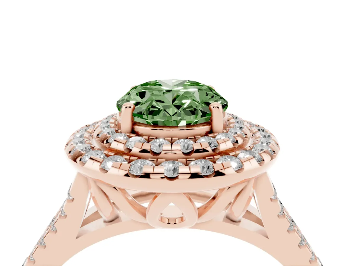 Fancy Green Double Halo Oval Cut Diamond Pavé Split Shank Ring with Prong Setting Rose gold