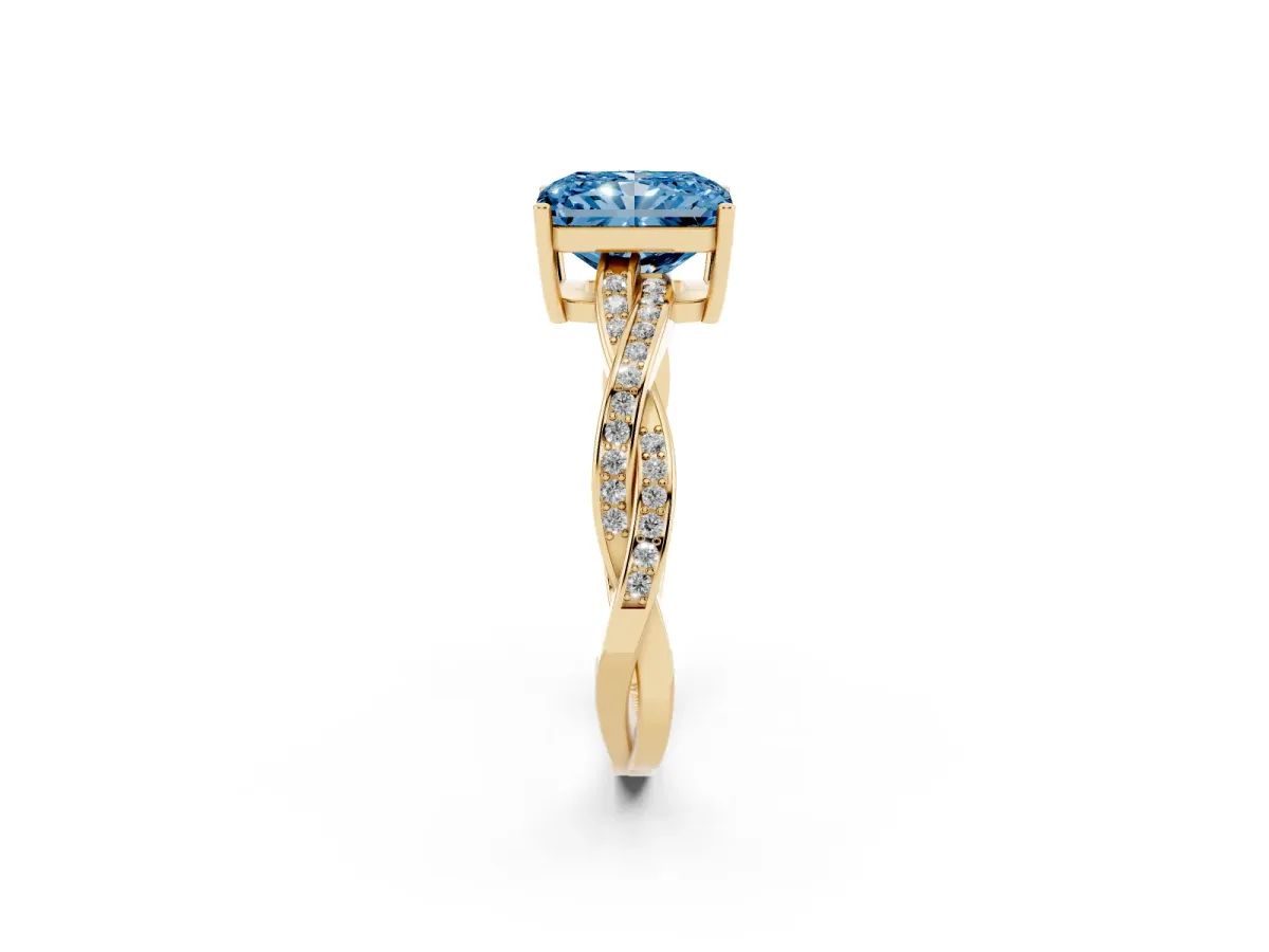 Fancy Blue Radiant Cut Solitaire Twisted Pave Diamond Ring with Four-Prong Setting Yellow gold