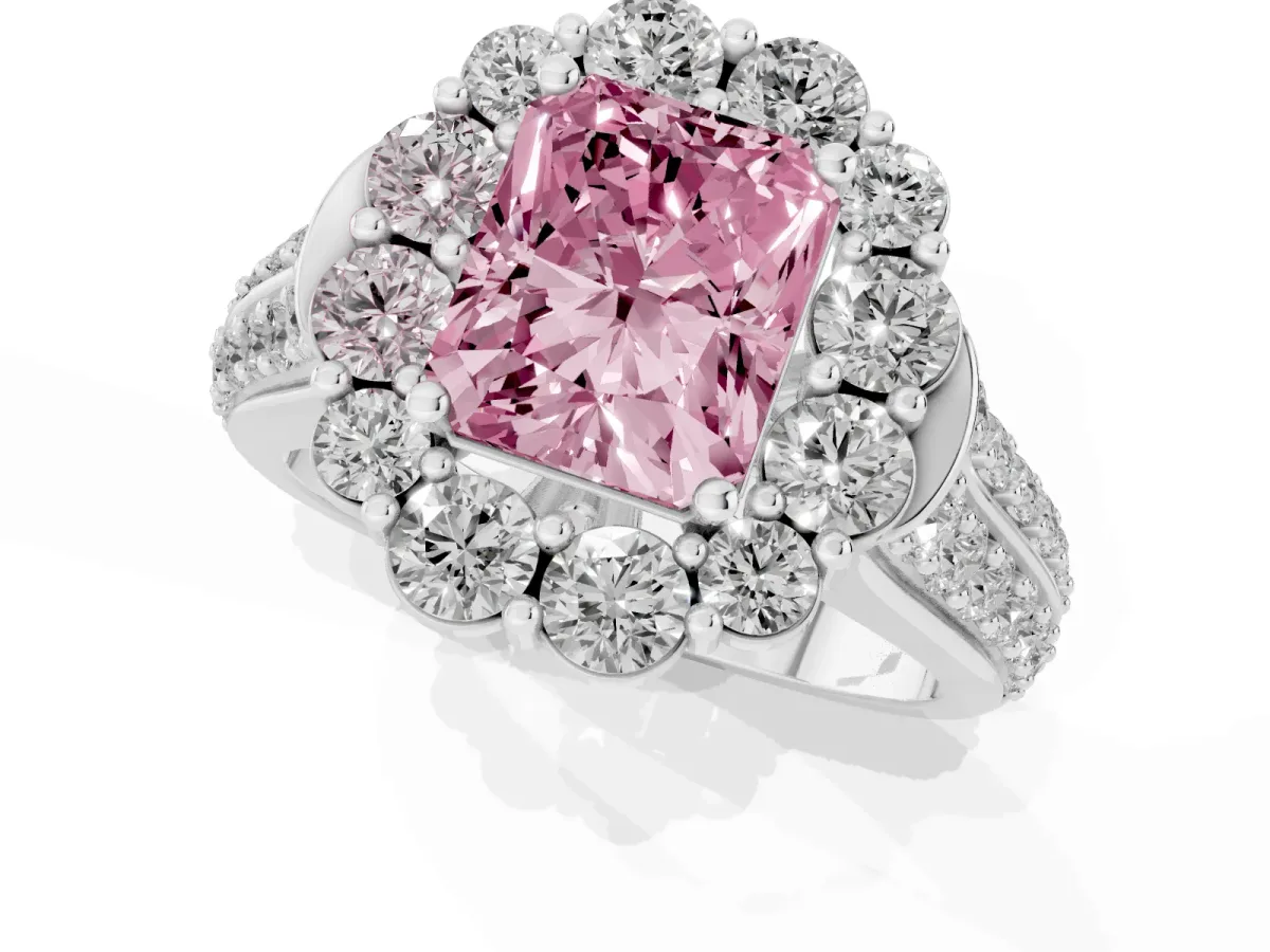 Fancy Pink Radiant Cut Halo Diamond Engagement Ring with Split Shank and Prong Setting Silver
