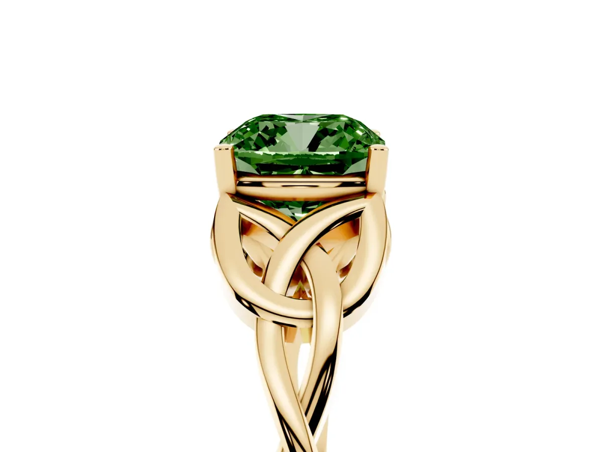 Fancy Green Cushion Cut Diamond Solitaire Engagement Ring with Celtic Knot Band and Four-Prong Setting Yellow gold