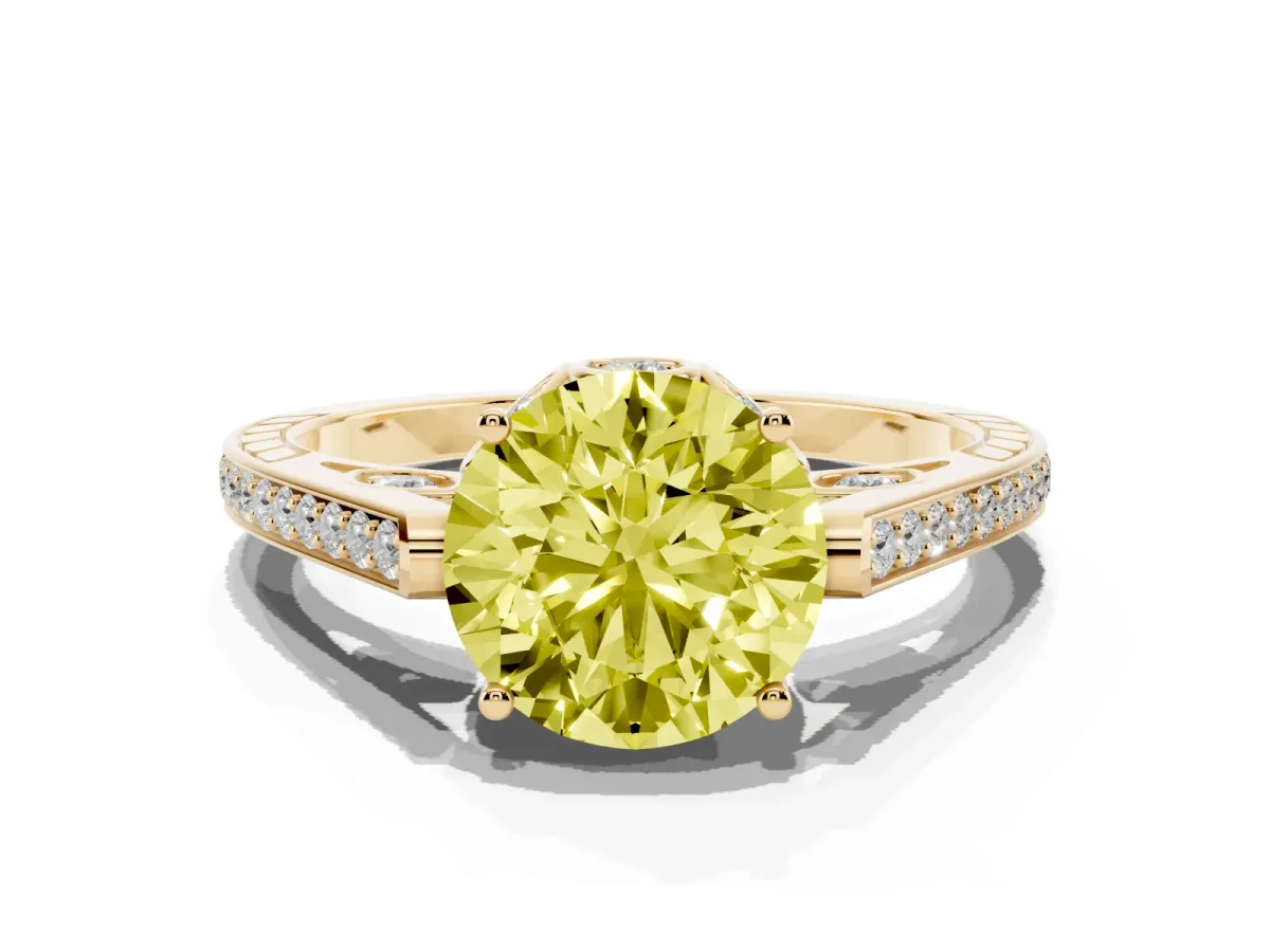 Fancy Yellow Round Cut Cut Cathedral Pave Diamond Engagement Ring with Six-Prong Setting Yellow gold