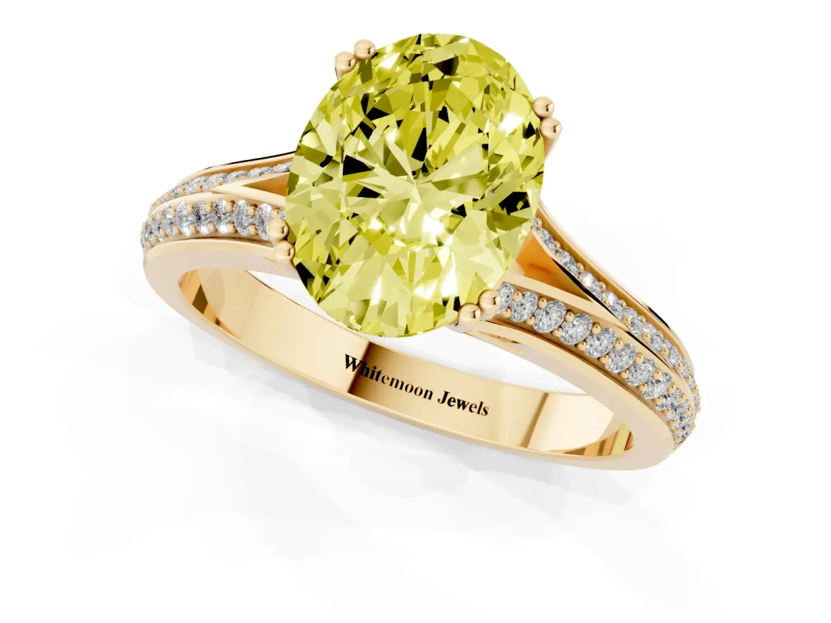 Fancy Yellow Oval Cut Diamond Split Shank Engagement Ring with Pavé Band Yellow gold