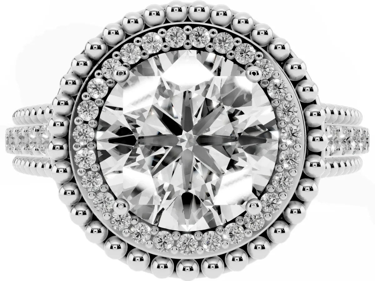 Round Cut Halo Diamond Ring with Beaded Split Shank and Four-Prong Setting Platinum