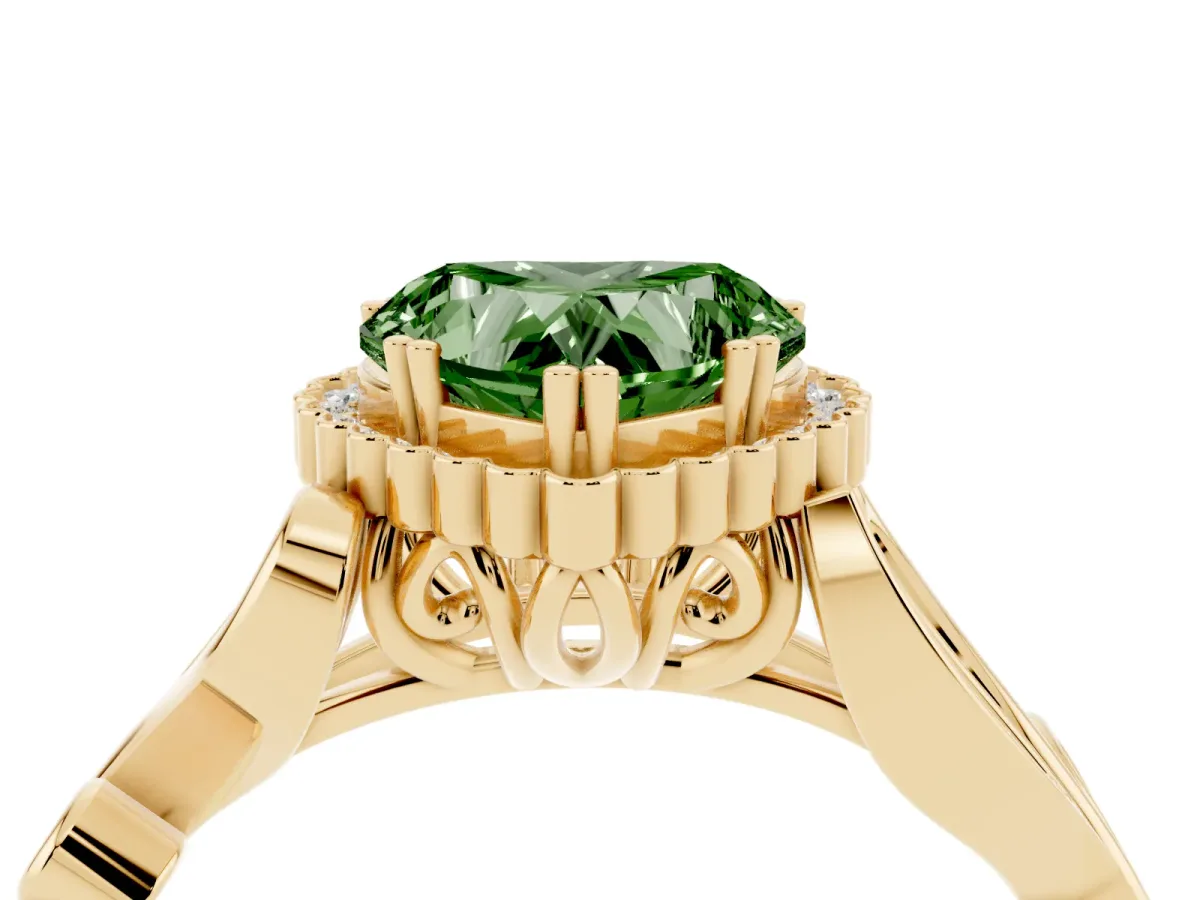Fancy Green Heart Cut Diamond Halo Ring with Vintage Split Shank and Four-Prong Setting Yellow gold