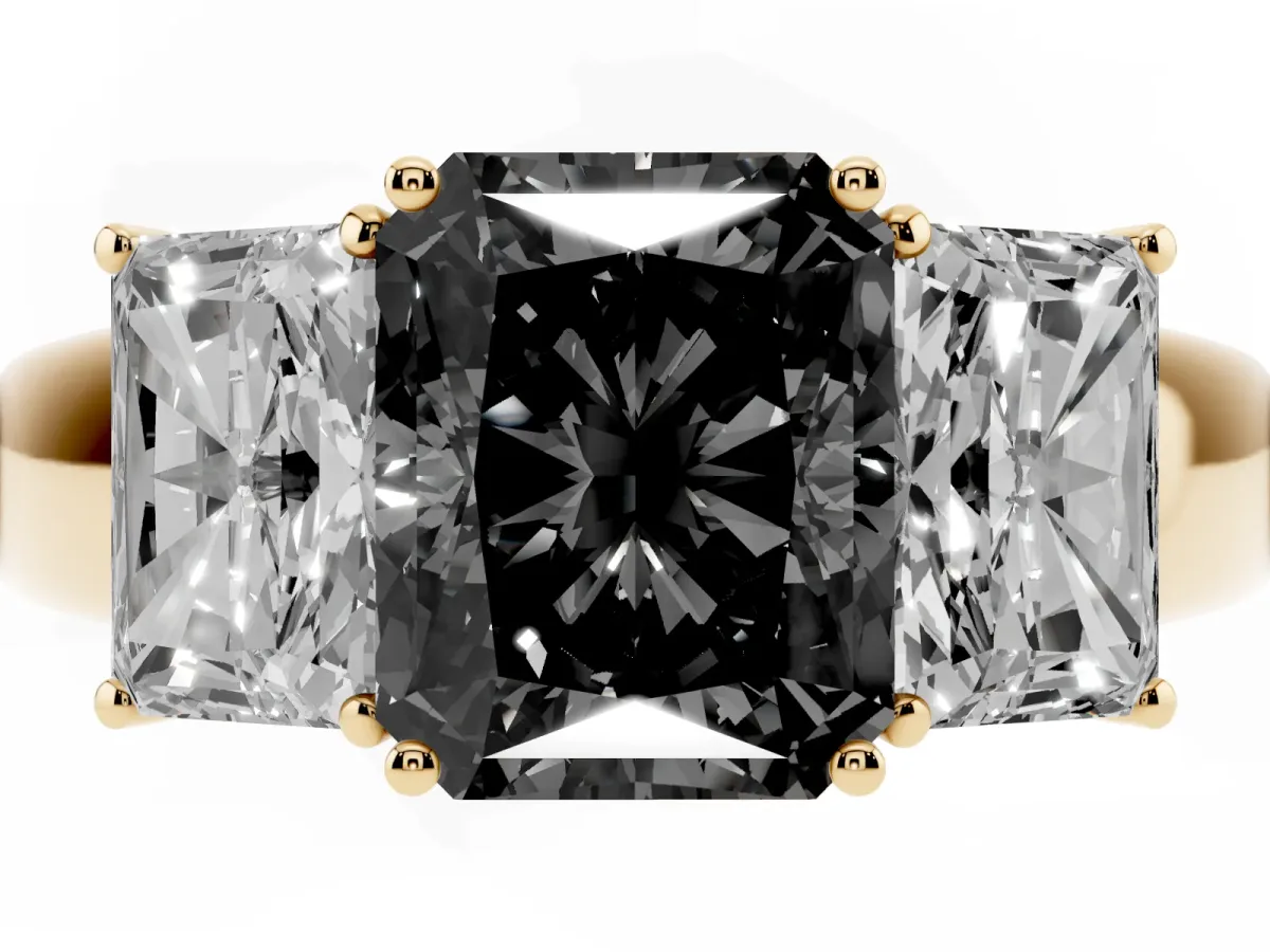 Fancy Black Three-Stone Radiant Cut Cut Diamond Ring with Prong Setting and Classic Band Yellow gold