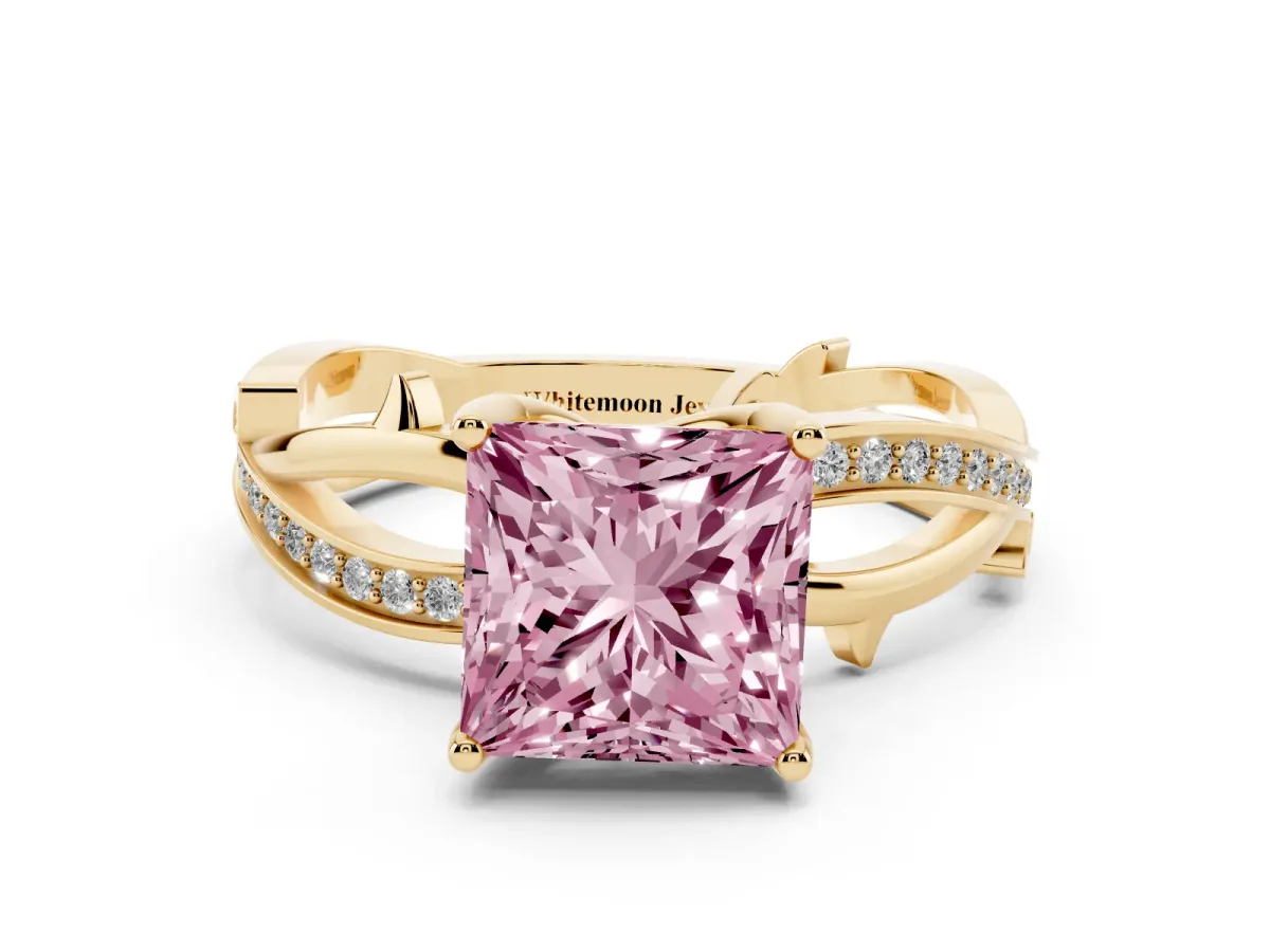 Fancy Pink Princess Cut Solitaire Twist Band with Pavé Accents and Four-Prong Setting Yellow gold