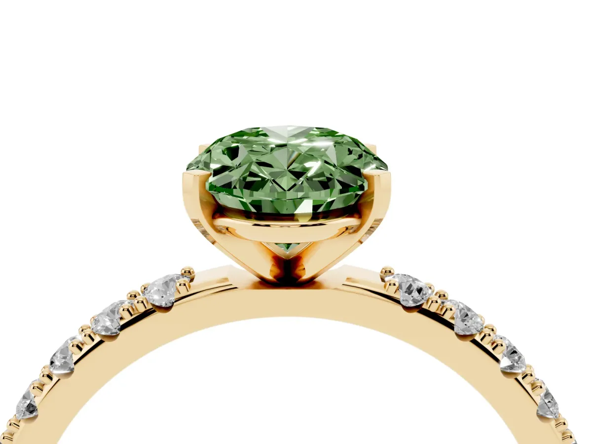 Fancy Green Oval Cut Diamond Solitaire Pavé Band with Four-Prong Setting Yellow gold