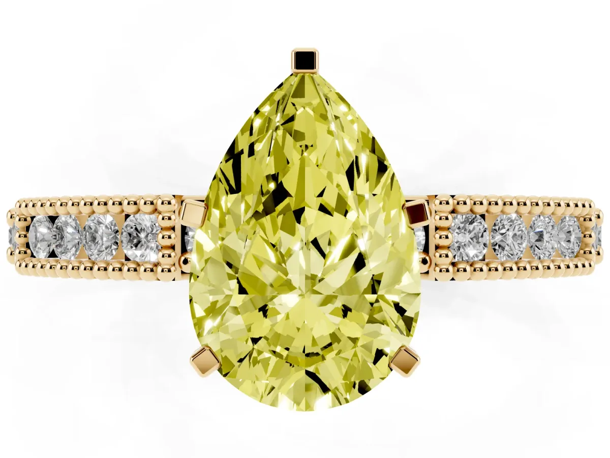Fancy Yellow Pear Cut Solitaire with Pavé Band and Four-Prong Setting Yellow gold