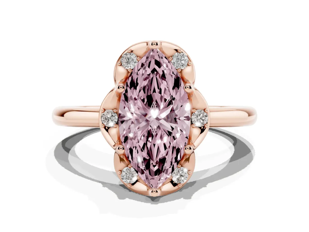 Fancy Pink Marquise Cut Halo Diamond Ring with Round Cluster Setting, Solitaire Band, and Four-Prong Setting Rose gold