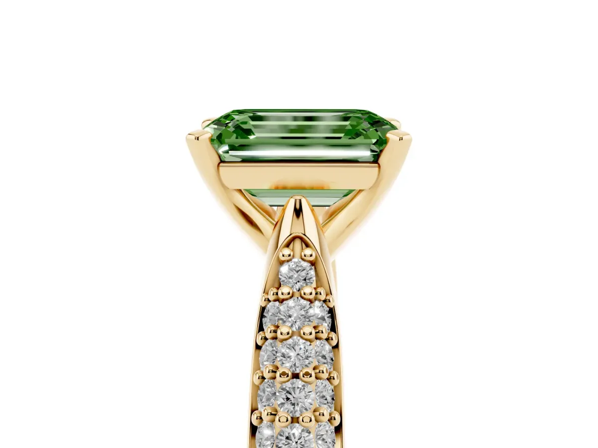 Fancy Green Emerald Cut Diamond Solitaire Engagement Ring with Multi-Row Round Pavé Band and Prong Setting Yellow gold