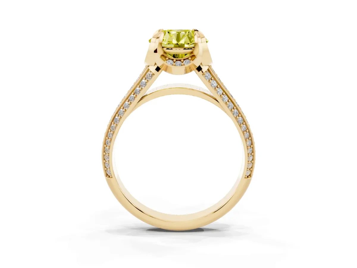 Fancy Yellow Round Cut Solitaire Pave Split Shank Ring with Four-Prong Setting Yellow gold
